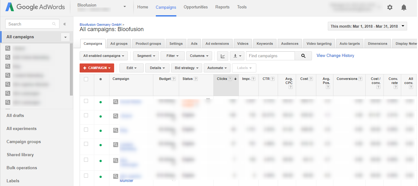The interface of AdWords Ubernext